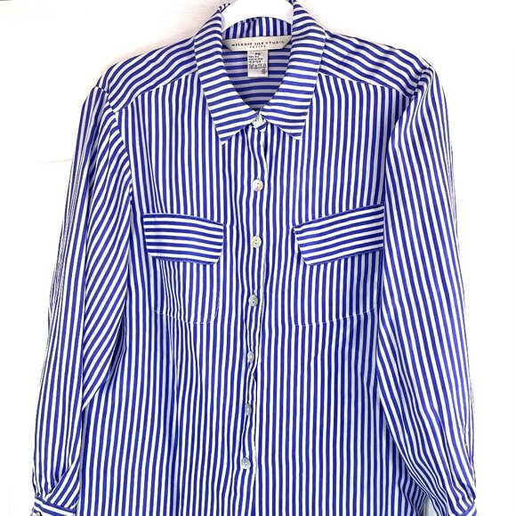 Melrose Silk Studio 100% Silk Blue White Stripe Blouse – PM – Button Front – Pet - Picture 1 of 11
